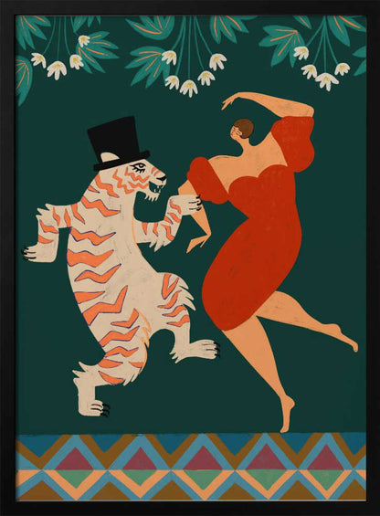 A whimsical illustration of a woman in a flowing red dress dancing with a cartoonish tiger wearing a black top hat. The background is a solid dark green with stylized white flowers and leaves at the top, and a colorful geometric pattern at the bottom. Artwork