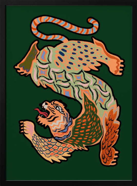 A vibrantly colored, stylized illustration of a winged, serpentine tiger forming the shape of the letter 'S' on a dark green background. The creature is decorated with intricate patterns in orange, green, and blue and has a roaring tiger head at its base. Print