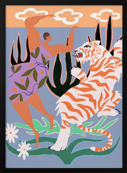 A stylized, colorful illustration depicting a woman in a purple, leaf-patterned dress dancing joyfully with a fierce white and orange tiger in a whimsical jungle setting. The background is light blue with large dark plants, and a peach-colored sky with white clouds is visible at the top. Decor