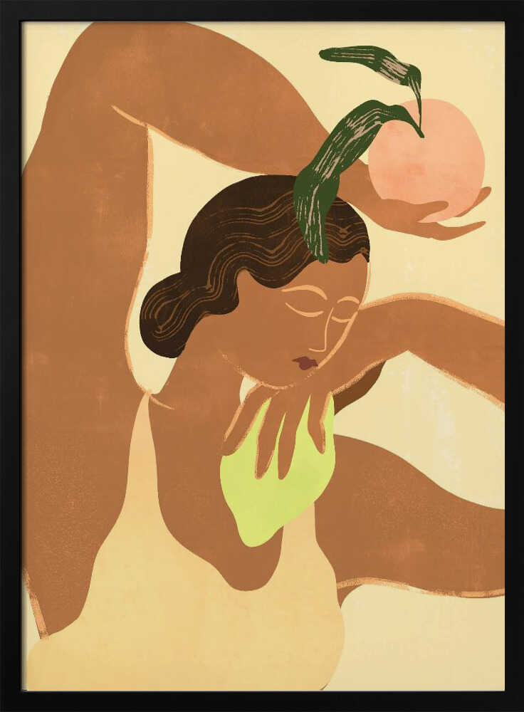 A modern, stylized illustration of a woman with brown skin in a flexible pose, with one leg bent over her head. She holds a pink fruit with green leaves in one hand, while the other rests on her chest. The background is a soft, pale yellow. Decor