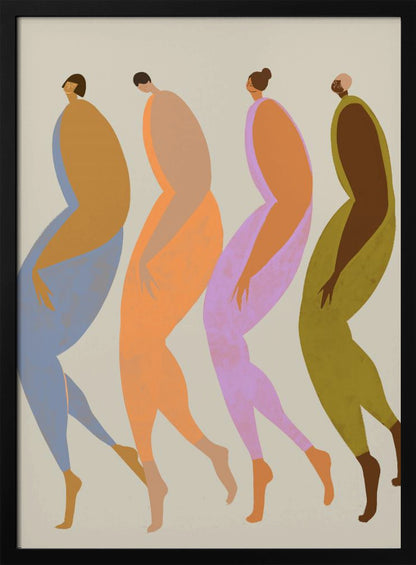 A modern, minimalist illustration of four elongated, stylized human figures walking in a line. Each figure is depicted in profile using a unique, vibrant color palette of blue, orange, purple, and olive green, set against a neutral beige background within a black frame. Artwork