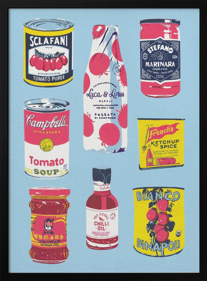 An illustrated art print featuring nine different vintage-style tomato products arranged in a grid on a light blue background. Products include Campbell's Tomato Soup, Sclafani Tomato Puree, and various other sauces, oils, and canned tomatoes. Artwork