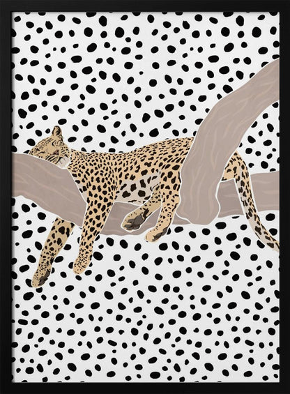 A graphic illustration of a spotted leopard sleeping on a smooth, tan tree branch. The entire background is a pattern of irregular black polka dots on a white field, creating a bold, modern aesthetic. Artwork