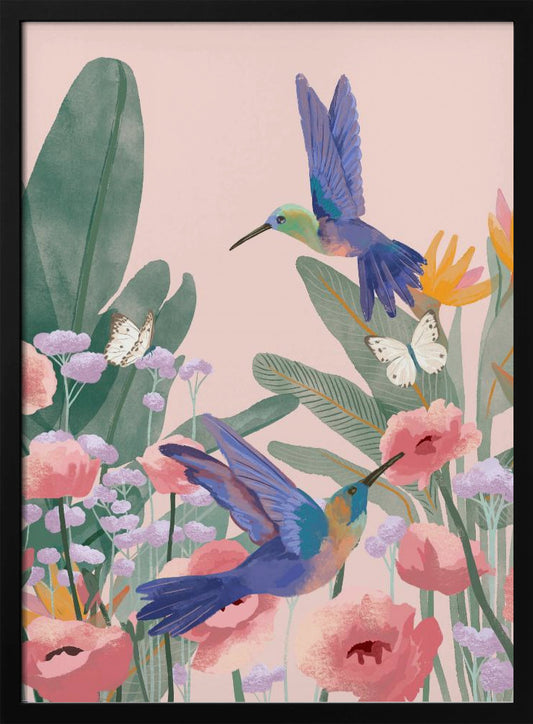 A vibrant illustration of two blue hummingbirds flying amongst pink poppies, lavender flowers, and large green tropical leaves against a soft pink background. Two white butterflies flutter nearby, creating a lively and colorful nature scene. Artwork
