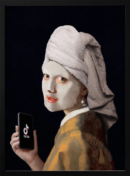 A humorous modern parody of Vermeer's 'Girl with a Pearl Earring,' where the subject wears a white clay face mask and a towel wrapped around her head, looking over her shoulder while holding a smartphone displaying the TikTok app. Decor