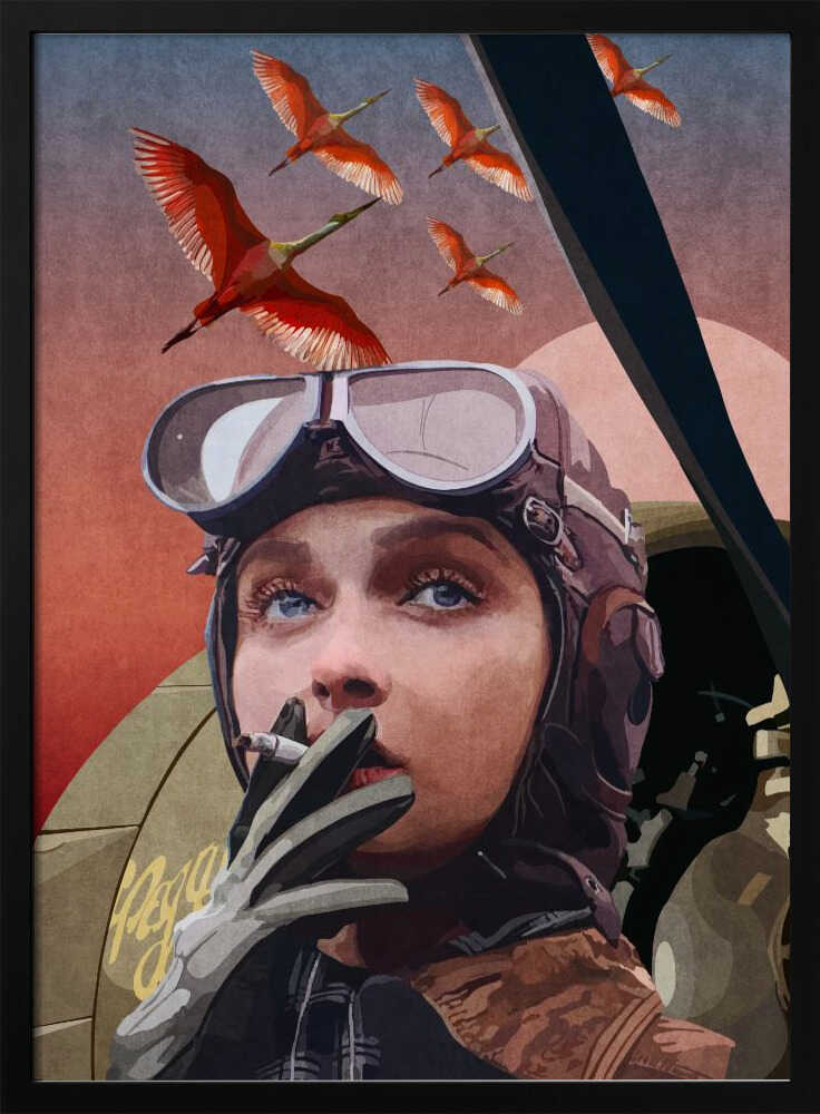 A framed vintage-style illustration of a female aviator with striking blue eyes, wearing a leather helmet and goggles. She holds a cigarette to her lips while looking up at a flock of bright red birds flying across a reddish-pink sky. Wall Art