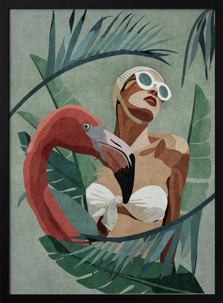 A stylized illustration of a woman in a white vintage swim cap and sunglasses, nestled among large tropical leaves. A pink flamingo stands beside her, its neck curving around her body, against a muted green background. Decor