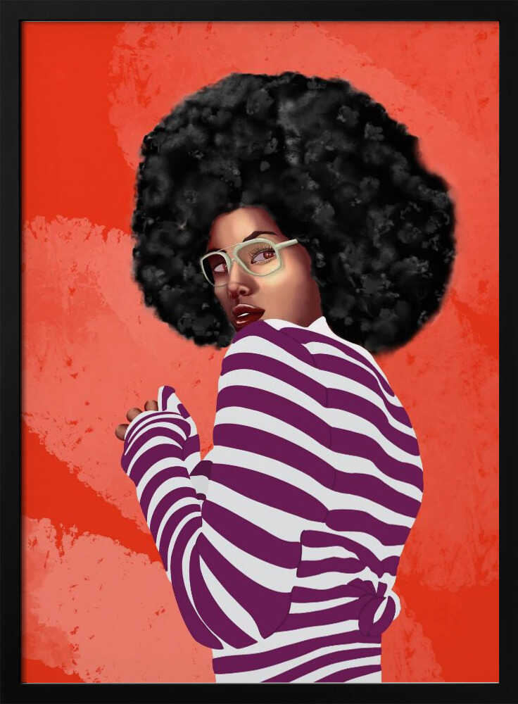 A digital illustration of a Black woman with a large afro, looking back over her shoulder. She wears white glasses and a purple and white striped shirt against a vibrant, textured red background. Artwork