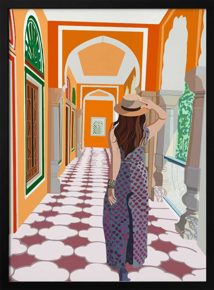 A stylized illustration of a woman from behind, wearing a fedora and a long patterned dress, as she walks down a vibrant orange arched hallway with a decorative cloud-patterned floor. Poster
