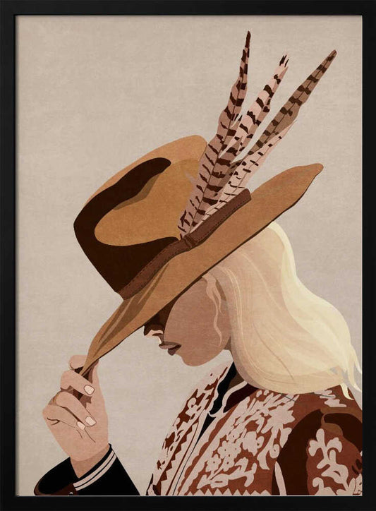 A graphic illustration of a blonde woman in profile, tipping a large brown fedora-style hat with feathers. Her face is partially obscured by the hat. She is wearing a patterned brown and white jacket over a black top against a solid light beige background. Print