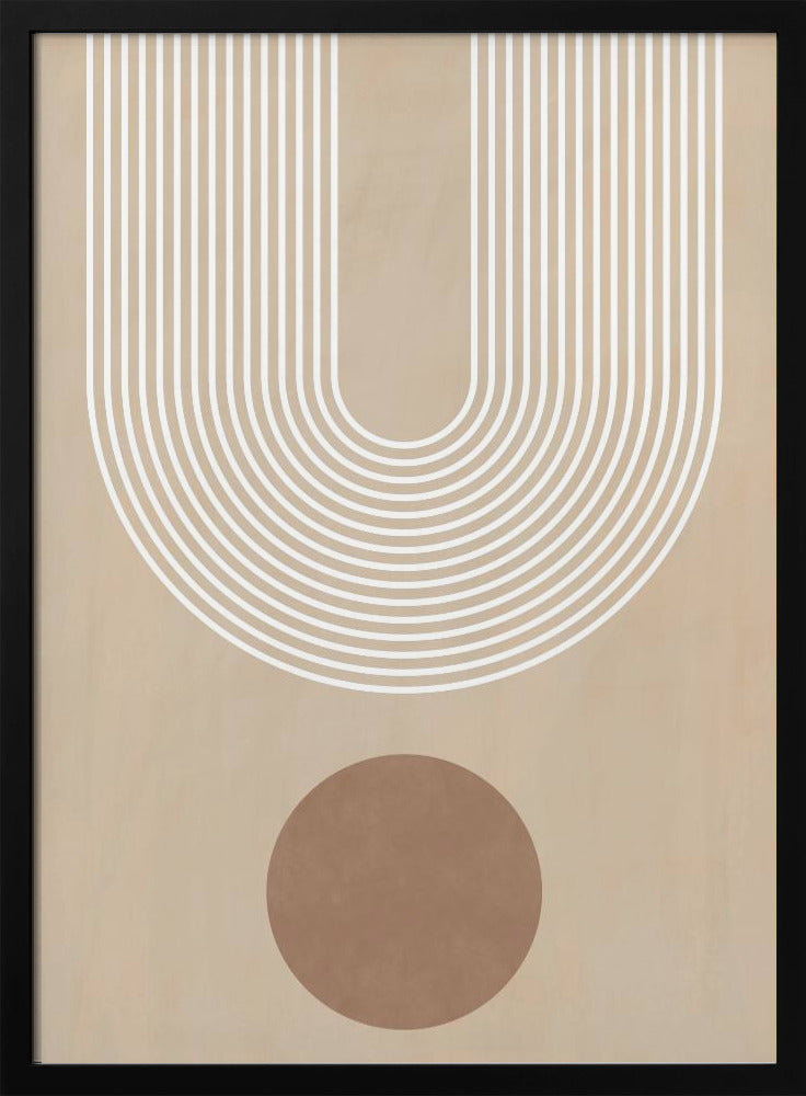 A minimalist abstract art print in a black frame, featuring a large U-shaped arch made of concentric white lines on a beige background. Below the arch, there is a solid brown circle. Artwork