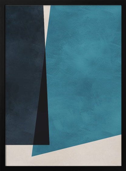 An abstract modern art piece in a black frame, featuring a color block composition of large geometric shapes in navy blue, teal, black, and off-white, with a subtle textured finish. Print