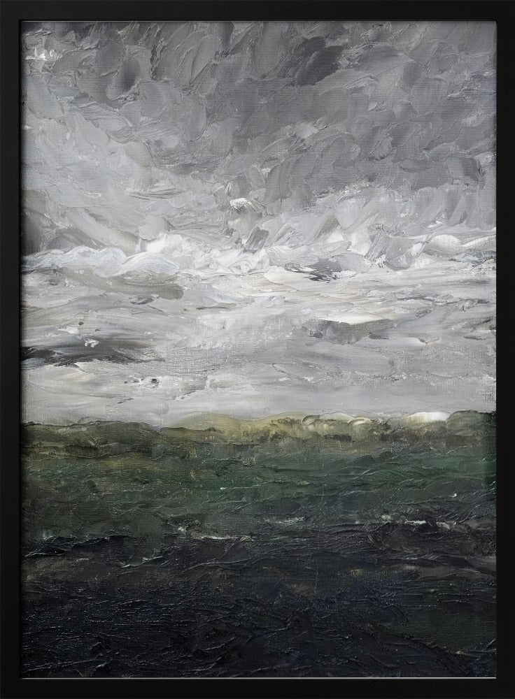 An abstract, heavily textured oil painting of a stormy landscape, enclosed in a thin black frame. The top two-thirds feature a turbulent sky rendered in thick strokes of white, light grey, and dark grey. The bottom third depicts a dark sea or landmass in shades of deep green and black, with a hint of olive at the horizon. Artwork