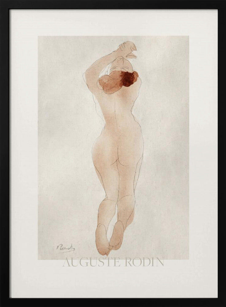 A vintage art print by Auguste Rodin featuring a watercolor and pencil sketch of a nude woman from behind. She has reddish-brown hair and her arms are raised above her head. The piece is set against an off-white background and enclosed in a black frame. Artwork
