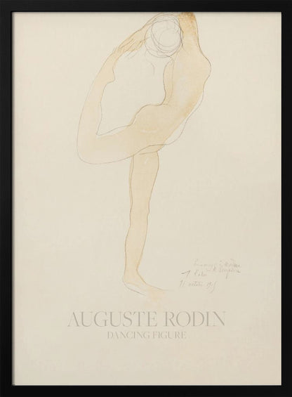A framed art print of 'Dancing Figure' by Auguste Rodin. The artwork is a minimalist sketch with a light tan watercolor wash of a nude figure in a flexible, contorted dance pose on a cream-colored background. The artist's name and the title are printed at the bottom. Poster