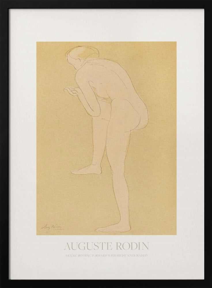 An art print of a sketch by Auguste Rodin titled 'Figure Bending Forward with Right Knee Raised'. The minimalist line drawing depicts a nude figure against a warm, yellow-beige background, matted in white and set in a simple black frame. Print