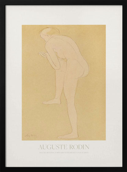 An art print of a sketch by Auguste Rodin titled 'Figure Bending Forward with Right Knee Raised'. The minimalist line drawing depicts a nude figure against a warm, yellow-beige background, matted in white and set in a simple black frame. Print