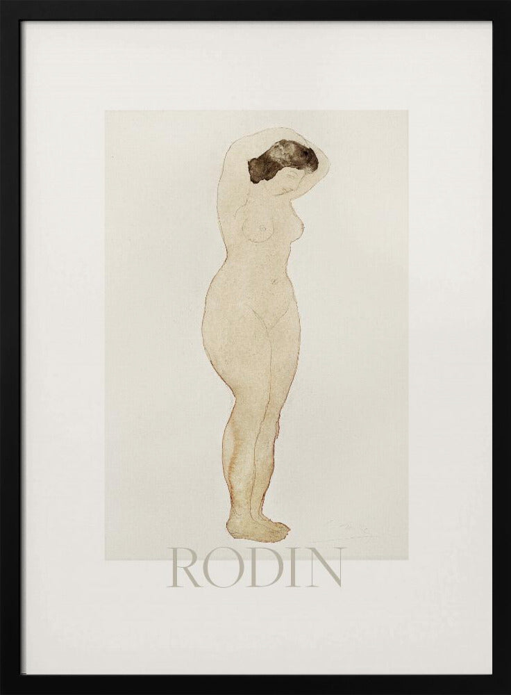 A framed art print of a sketch by Auguste Rodin. The drawing features a standing nude woman in profile with her arms raised behind her head. The artwork is done in a minimalist style with brown outlines and a light beige watercolor wash on an off-white background, with the name 'RODIN' printed below. The print is surrounded by a white mat and a simple black frame. Decor