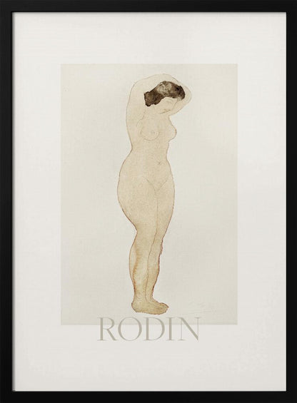 A framed art print of a sketch by Auguste Rodin. The drawing features a standing nude woman in profile with her arms raised behind her head. The artwork is done in a minimalist style with brown outlines and a light beige watercolor wash on an off-white background, with the name 'RODIN' printed below. The print is surrounded by a white mat and a simple black frame. Decor