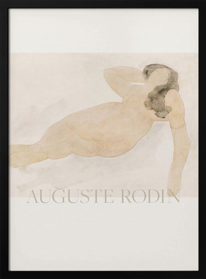 A framed watercolor painting by Auguste Rodin of a reclining nude woman. The figure is rendered in soft flesh tones and graphite with dark hair, set against a pale cream and beige background. The artist's name is printed in light text at the bottom. Poster