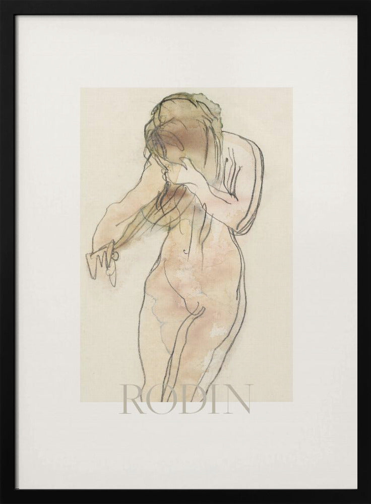 A framed art print of a sketch by Rodin. The artwork features a nude female figure drawn with expressive black lines and filled with soft watercolor washes of pink and beige. The figure is turned partially away, with her head bowed and hands near her face. The piece is set against a cream background with a wide white mat and a thin black frame. Decor