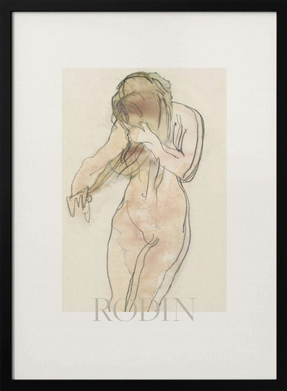 A framed art print of a sketch by Rodin. The artwork features a nude female figure drawn with expressive black lines and filled with soft watercolor washes of pink and beige. The figure is turned partially away, with her head bowed and hands near her face. The piece is set against a cream background with a wide white mat and a thin black frame. Decor