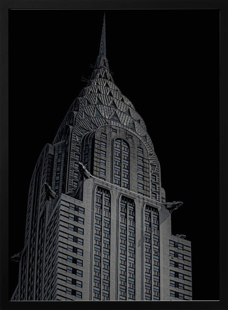 A dramatic, low-angle, black and white photograph of the top of the Chrysler Building, showcasing its iconic Art Deco spire and architectural details against a solid black background. Decor