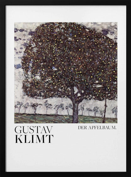 A framed art print of Gustav Klimt's painting 'Der Apfelbaum' (The Apple Tree). The impressionist-style painting depicts a large, full apple tree with a dark, textured canopy dotted with small yellow apples, set against a pale sky and a green meadow. Artwork