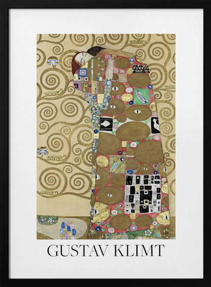 A framed art print of Gustav Klimt's painting 'Fulfillment,' featuring a stylized couple embracing. They are enveloped in ornate, patterned robes with geometric and circular motifs, set against a golden background with swirling patterns. The artist's name, 'GUSTAV KLIMT,' is printed below the image. Wall Art