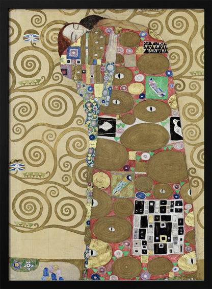 A vertical Art Nouveau painting by Gustav Klimt, featuring a detail of 'The Fulfilment'. A woman with closed eyes is enveloped in a decorative, mosaic-like robe filled with circular patterns, eyes, and geometric shapes against a red background. To the left, the golden, swirling branches of the Tree of Life stand against a cream-colored, patterned background. The artwork is rich in gold leaf and intricate detail, framed in black. Poster