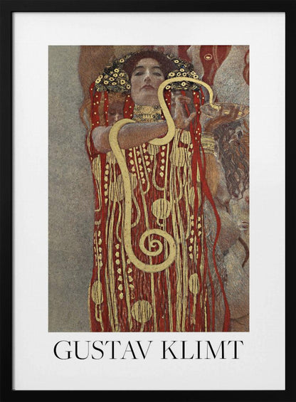 A poster of Gustav Klimt's 'Hygieia', featuring a woman with an elaborate headdress and a red and gold patterned robe. A large golden snake is wrapped around her arm as she holds up a bowl. The poster has a white border with 'GUSTAV KLIMT' written at the bottom and is displayed in a black frame. Wall Art