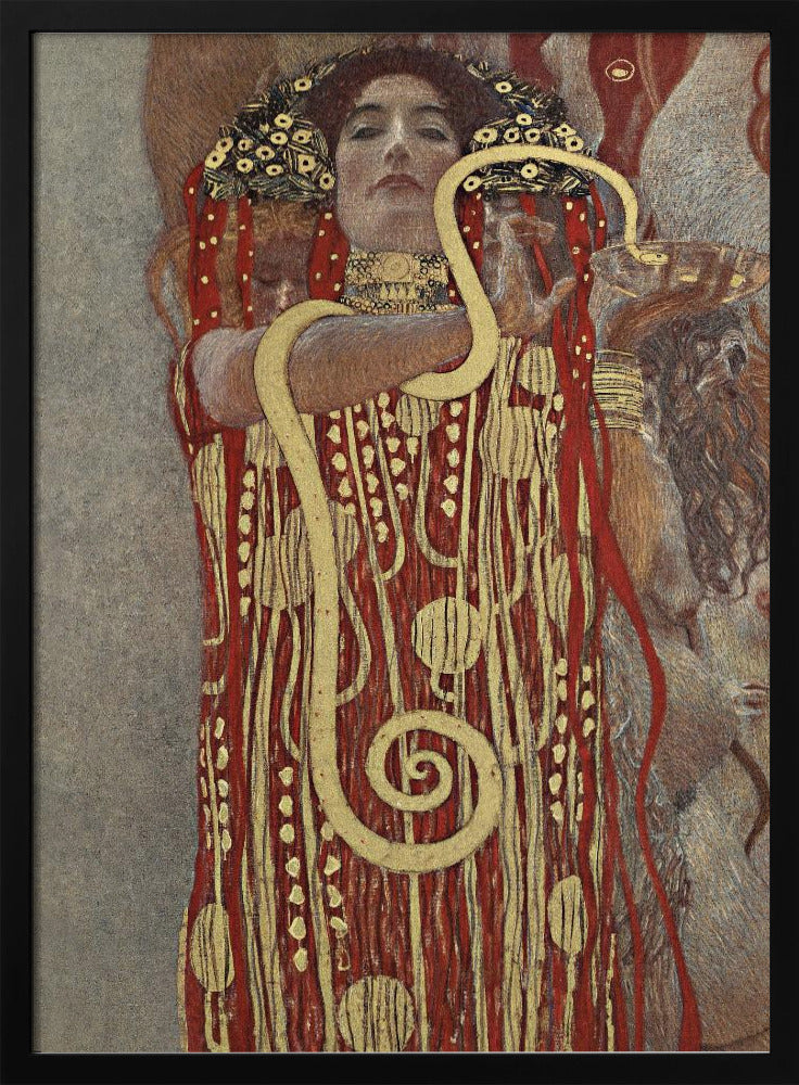 A painting by Gustav Klimt titled 'Hygeia', featuring a woman with red hair and a decorative headdress looking directly at the viewer. She is wearing an ornate red and gold patterned robe and has a large golden snake wrapped around her arms. Artwork