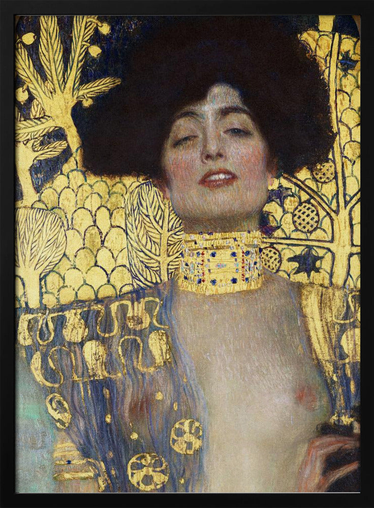 A vertical portrait painting by Gustav Klimt, 'Judith and the Head of Holofernes,' depicting a woman with voluminous dark hair and a sensual expression. She wears an elaborate gold and bejeweled choker, with a decorated blue and gold garment falling from her shoulders against a richly patterned gold leaf background. Artwork