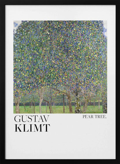 A framed art print of Gustav Klimt's 'Pear Tree.' The painting features a dense canopy of a pear tree, rendered in a pointillist style with a mosaic of green, blue, and yellow dots. Below the main tree, a grassy orchard with more tree trunks is visible. The artwork is set on a white background with 'GUSTAV KLIMT' printed in large black letters on the left and 'PEAR TREE.' on the right. Artwork