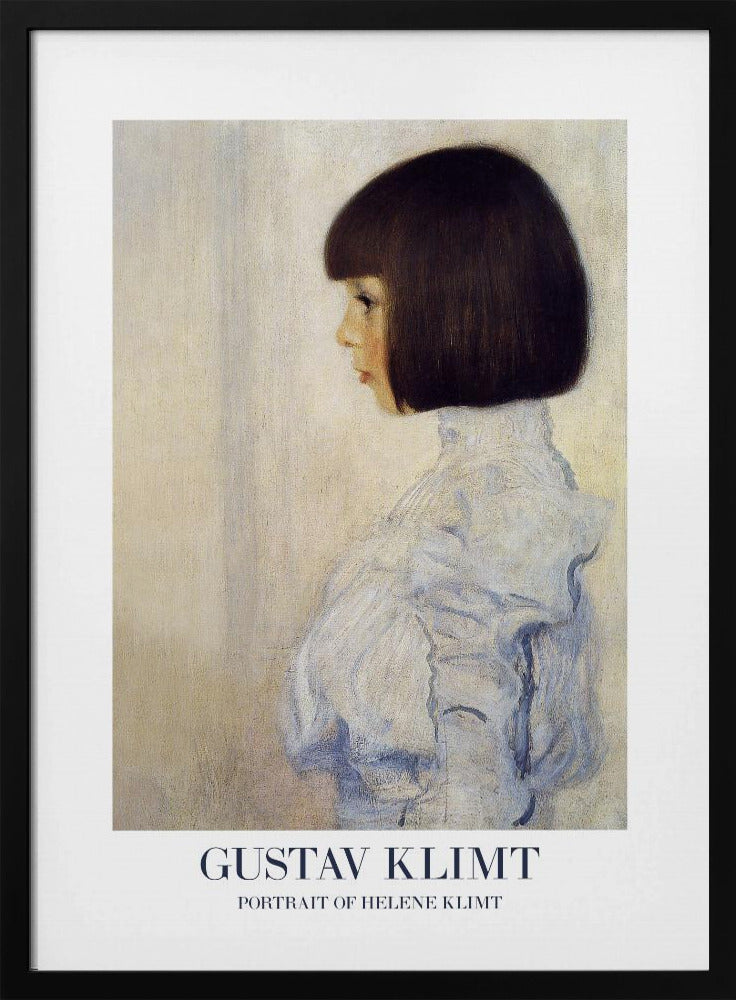 A framed art print of Gustav Klimt's 'Portrait of Helene Klimt'. The painting shows a young girl in profile with a dark bob haircut and a high-collared, ruffled light blue dress against a textured beige background. The artist's name and the painting's title are printed at the bottom. Wall Art