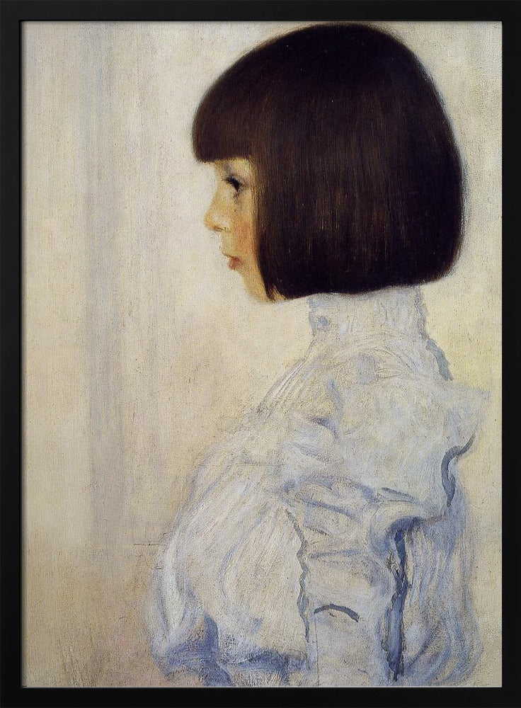 A classic framed portrait painting of a young girl in profile. She has dark brown hair in a sharp bob with bangs and is wearing a high-collared, ruffled light blue blouse against a plain, off-white background. Print