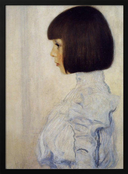 A classic framed portrait painting of a young girl in profile. She has dark brown hair in a sharp bob with bangs and is wearing a high-collared, ruffled light blue blouse against a plain, off-white background. Print