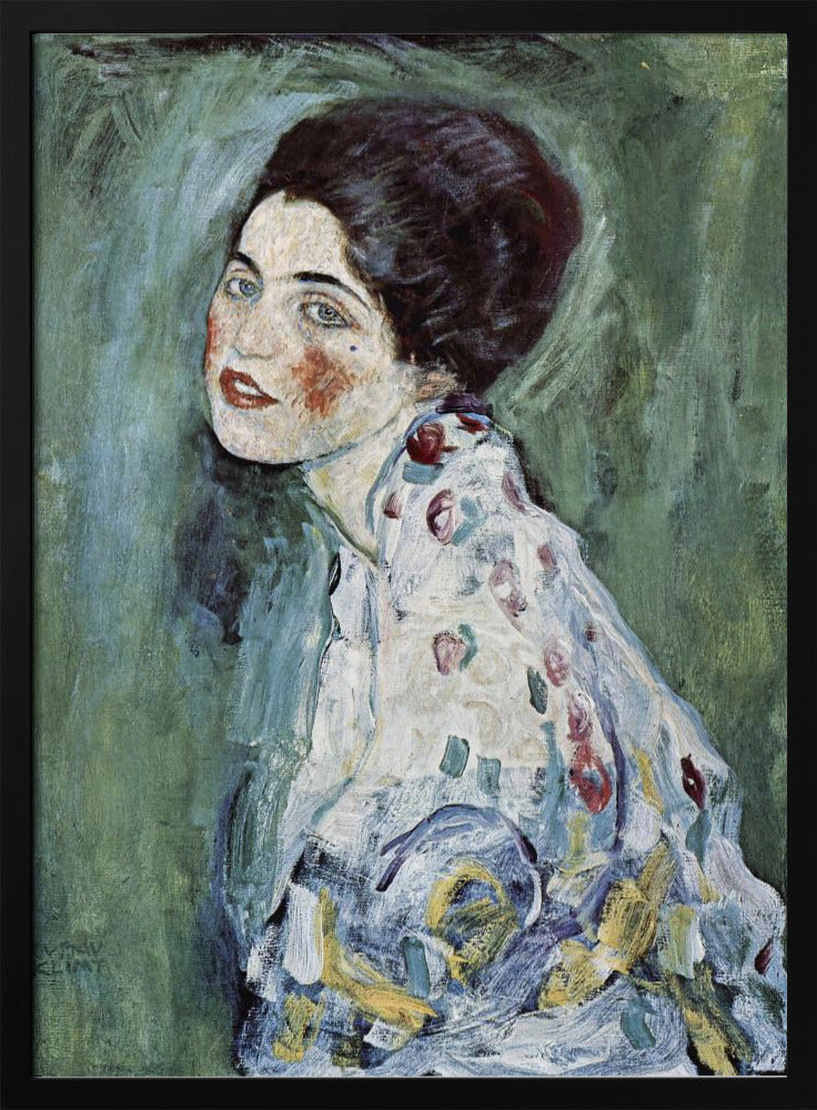 An expressionist portrait painting of a woman with dark hair, blue eyes, and red lipstick, looking back over her shoulder. She wears a patterned dress against a textured green and blue background. The artwork has visible, thick brushstrokes. Artwork