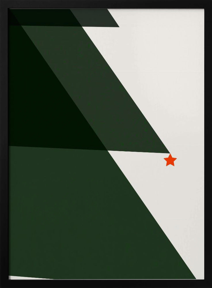 A minimalist abstract painting of a Christmas tree, created with large dark green triangles against a white background, accented with a single small red star. The artwork is presented in a simple black frame. Print