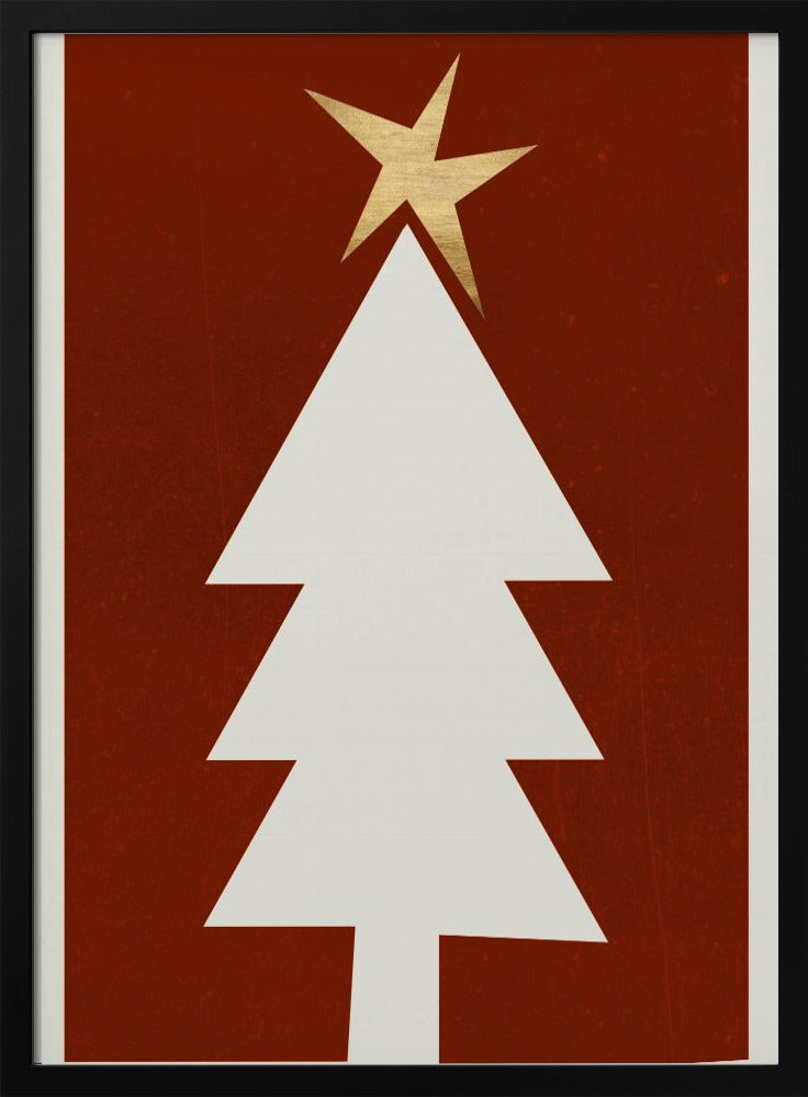 A minimalist graphic illustration of a white Christmas tree with a gold star on top, set against a dark red, textured background and framed in black. Artwork