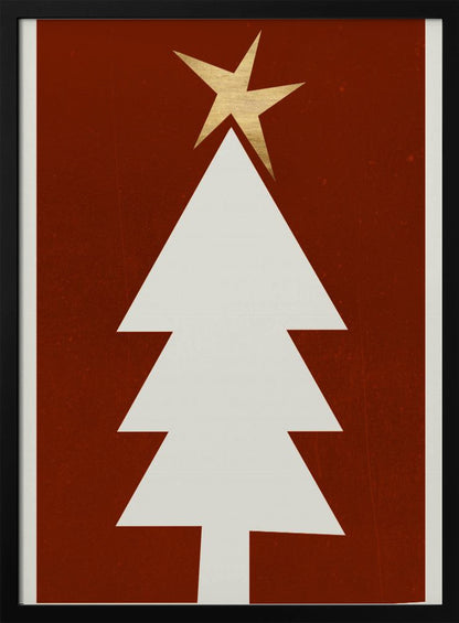 A minimalist graphic illustration of a white Christmas tree with a gold star on top, set against a dark red, textured background and framed in black. Artwork