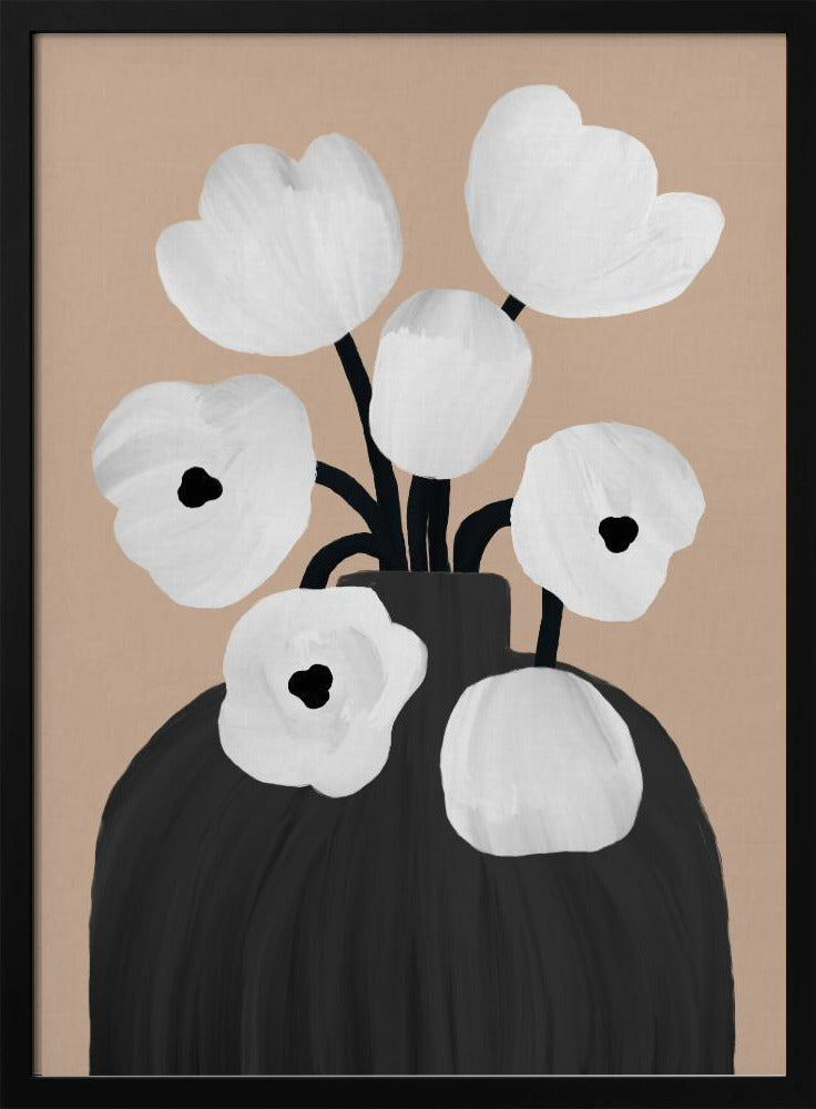 A modern, minimalist painting of a bouquet of stylized white flowers with black centers, arranged in a large black vase. The background is a solid muted beige, creating a simple and elegant composition. Poster