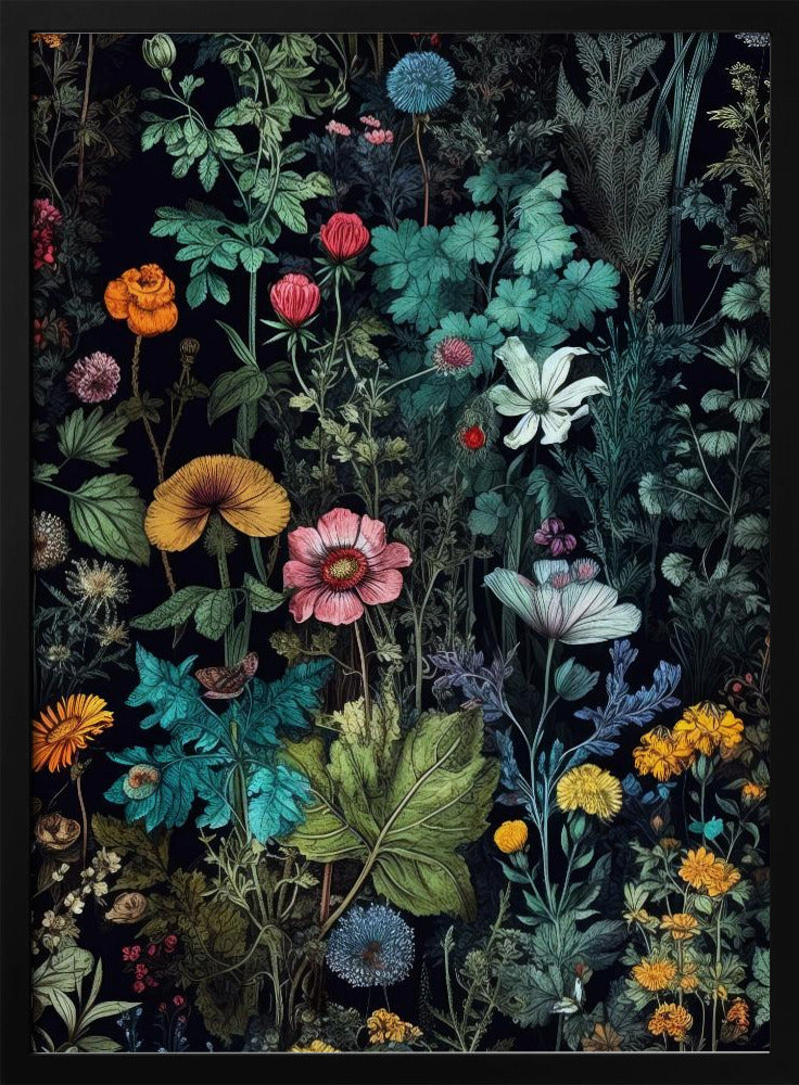 A vintage-style botanical illustration featuring a dense arrangement of colorful flowers and lush green foliage against a dark, dramatic background. Various species of flowers in shades of pink, orange, yellow, and blue are intricately detailed, creating a vibrant, tapestry-like effect. Poster