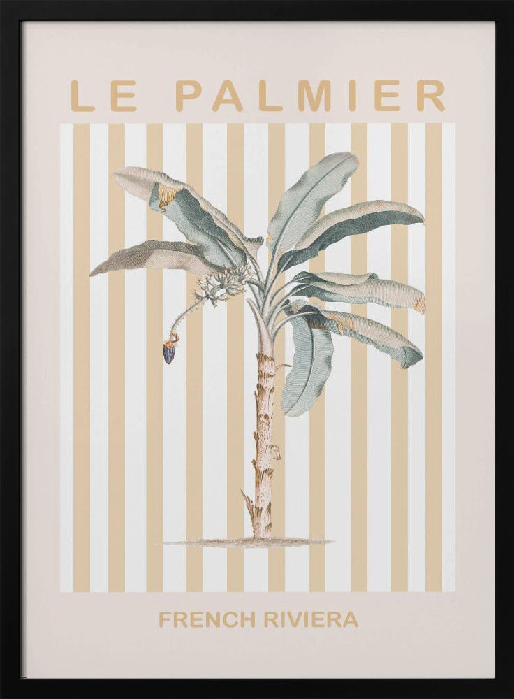 A vintage-style poster in a black frame featuring a botanical illustration of a palm tree. The background has vertical stripes in beige and white. The text 'LE PALMIER' is at the top, and 'FRENCH RIVIERA' is at the bottom in a sandy beige color. Decor