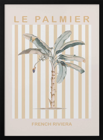 A vintage-style poster in a black frame featuring a botanical illustration of a palm tree. The background has vertical stripes in beige and white. The text 'LE PALMIER' is at the top, and 'FRENCH RIVIERA' is at the bottom in a sandy beige color. Decor