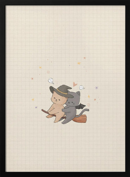 A cute, whimsical illustration of a tan bear in a witch hat and a gray cat with bat wings happily flying together on a broomstick, set against a beige grid paper background with tiny ghosts and stars. Poster