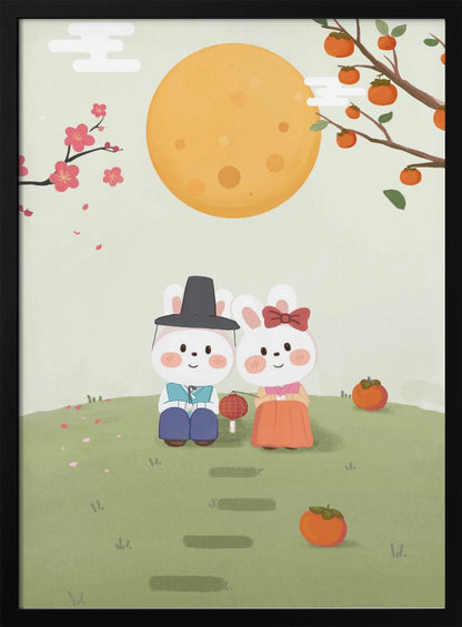 A cute illustration of two rabbits in traditional Korean hanbok sitting on a grassy hill under a large orange full moon. A male rabbit in a blue outfit and black hat sits next to a female rabbit in an orange dress with a red bow. They are surrounded by persimmons and cherry blossoms, creating a peaceful, festive scene. Print