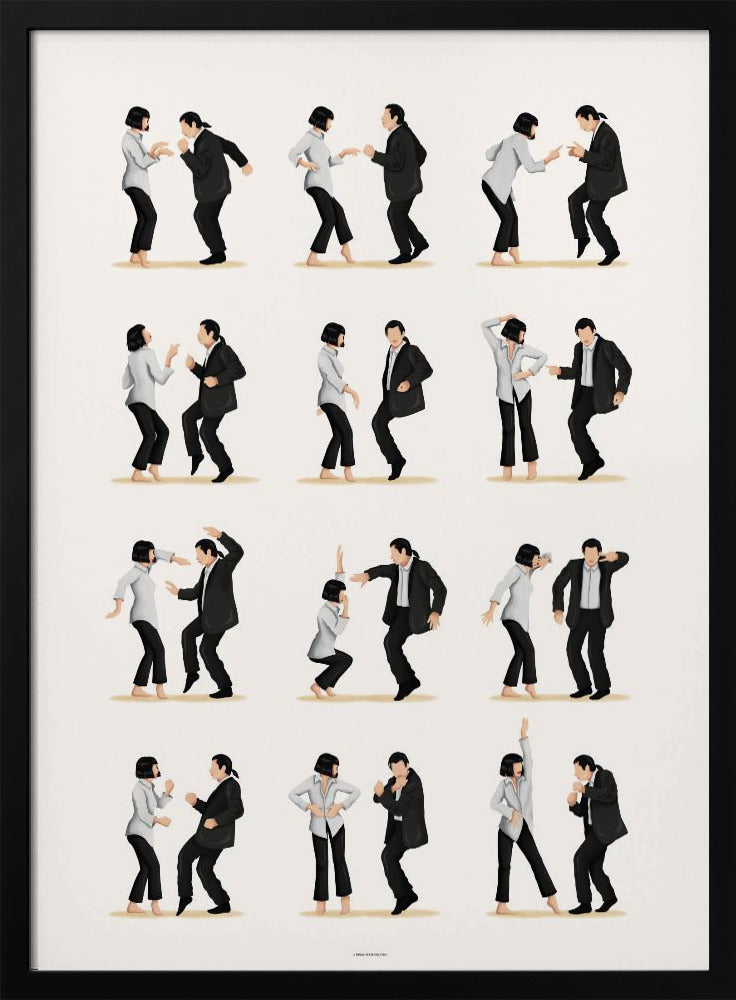 A minimalist art print in a black frame, featuring a grid of twelve illustrations depicting the iconic dance sequence from Pulp Fiction. Each illustration shows the characters Mia Wallace and Vincent Vega in different poses from their dance, set against a plain off-white background. Wall Art