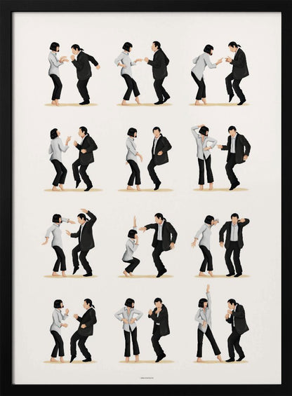 A minimalist art print in a black frame, featuring a grid of twelve illustrations depicting the iconic dance sequence from Pulp Fiction. Each illustration shows the characters Mia Wallace and Vincent Vega in different poses from their dance, set against a plain off-white background. Wall Art