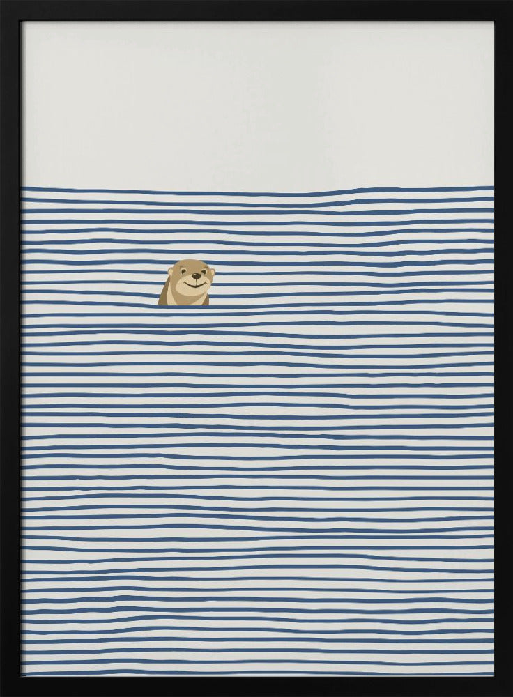 A minimalist illustration in a black frame featuring a cute, smiling otter peeking its head out of stylized water made of wavy, horizontal blue stripes on an off-white background. Decor